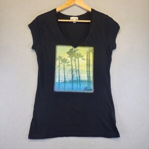 Guess Black V-Neck Palm Tree Graphic Tee Rhinestone Bling Y2K Tropical Large